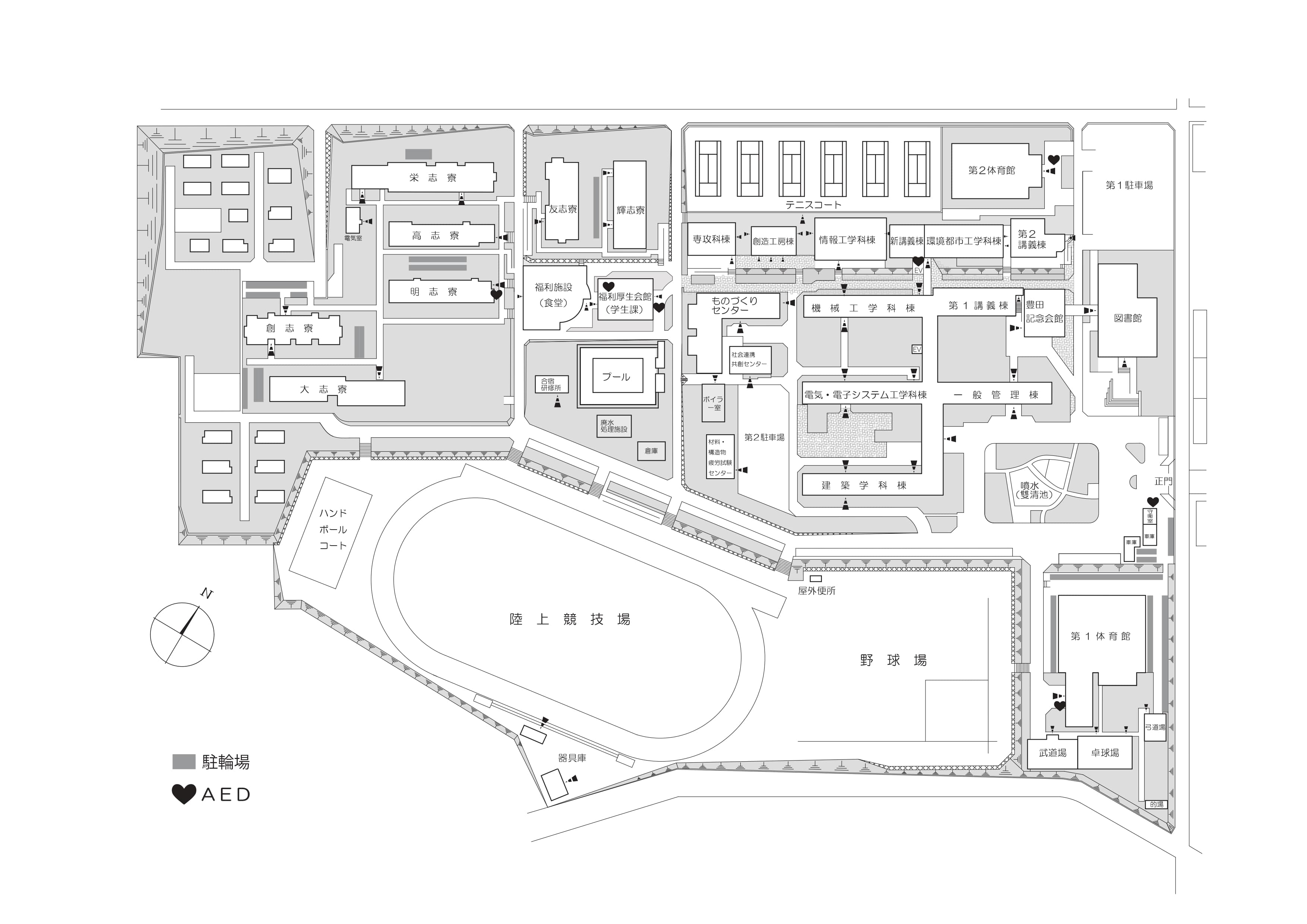 豊田高専の構内図。正門、駐車場、各学科棟、講義棟、図書館、体育館、競技場などが記載されています。